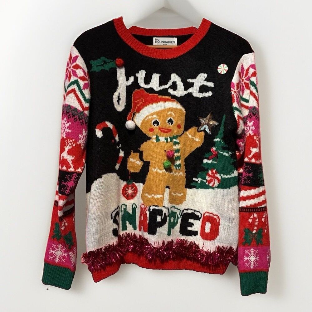 No Boundaries Womens XL 16-18 Ugly Christmas Sweater Gingerbread Snapped